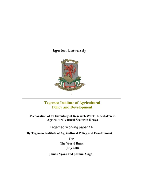 Preparation of an inventory of research work undertaken in agricultural/rural sector in Kenya