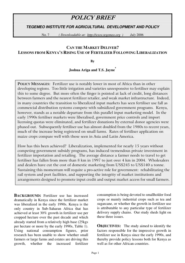 Can the market deliver? : lessons from Kenya"s rising use of fertilizer following liberalization