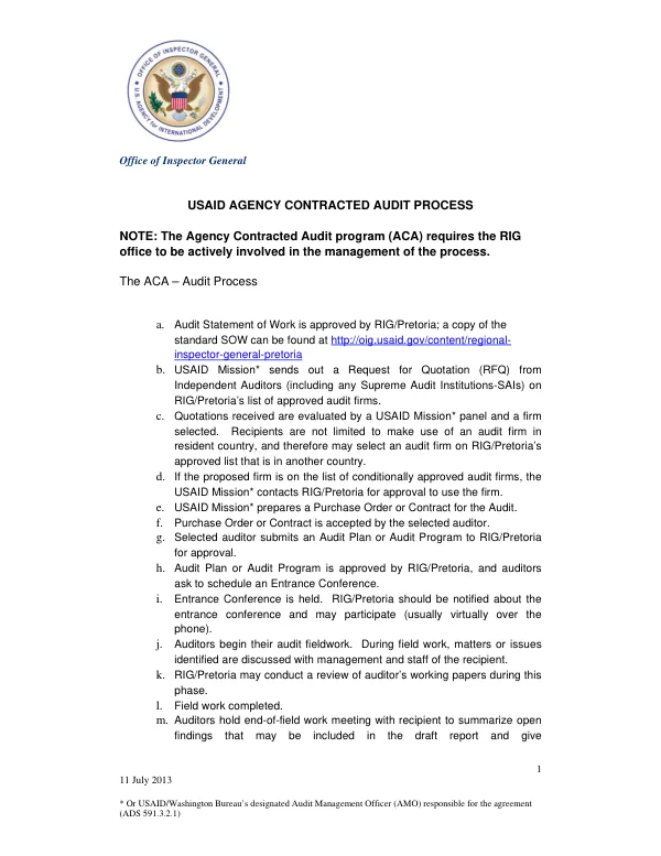 USAID Agency Contracted Audit Process