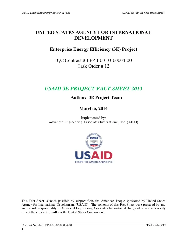 USAID Enterprise Energy Efficiency (3E) Project Fact Sheet 2013
