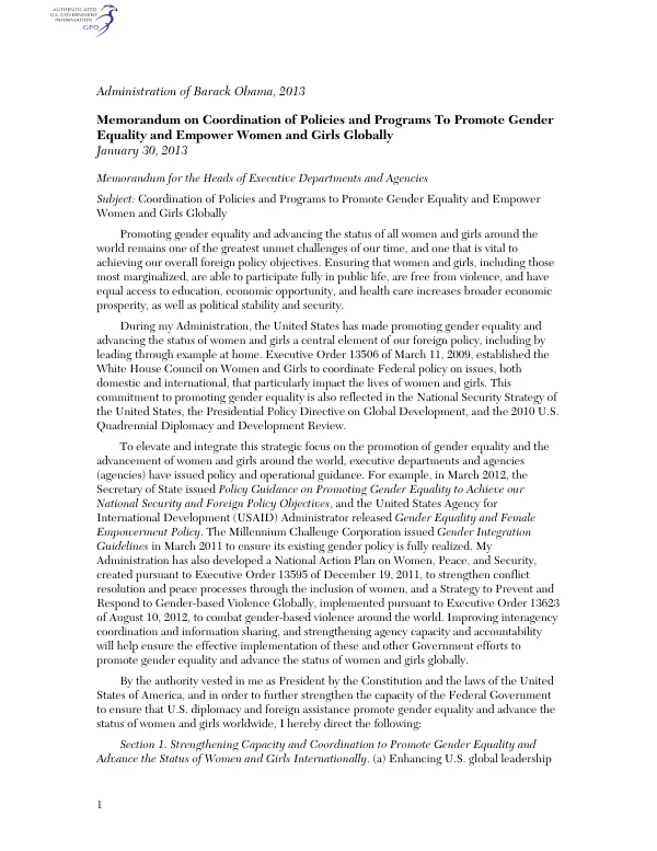 Memorandum on Coordination of Policies and Programs To Promote Gender Equality and Empower Women and Girls Globally