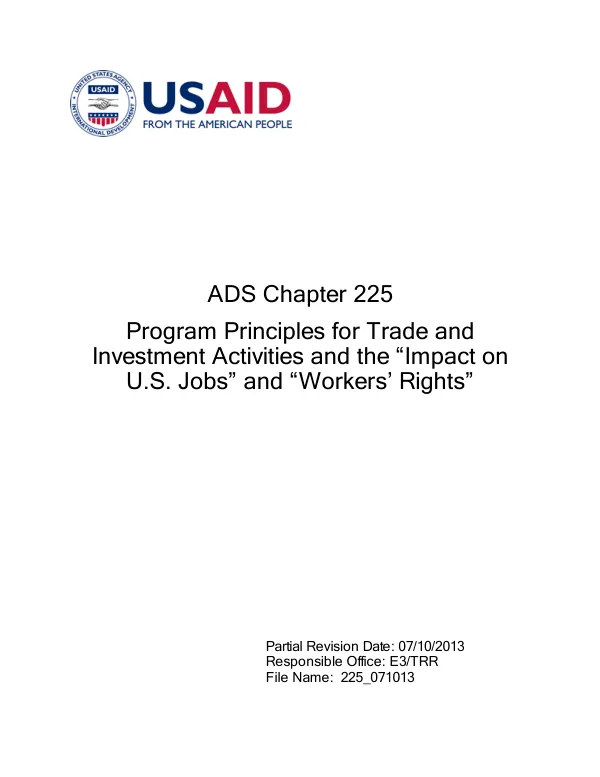 ADS 225: Program Principles for Trade and Investment Activities and the 'Impact on U.S. Jobs' and 'Workers' Rights'
