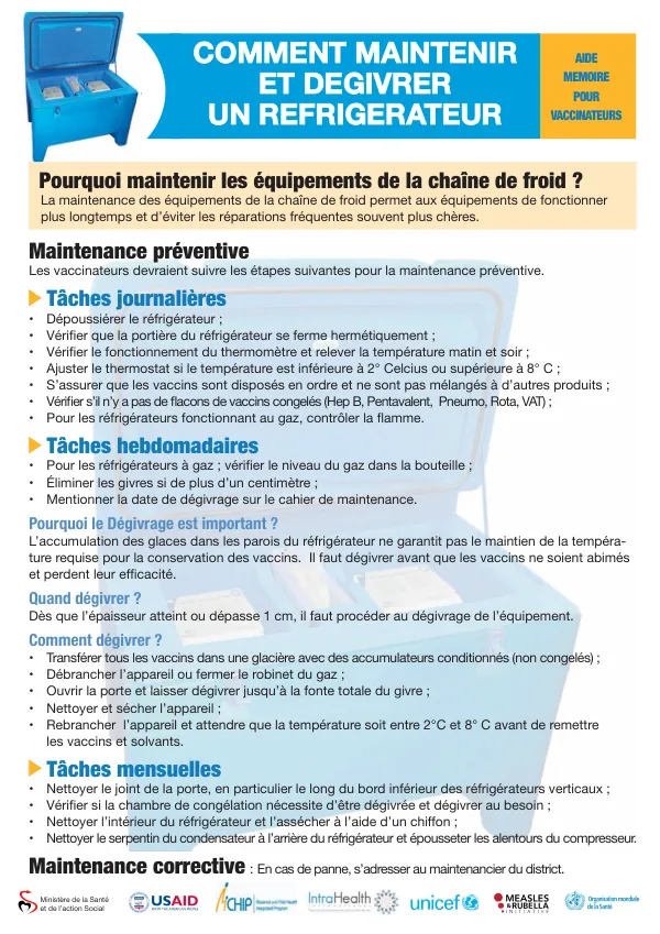 AIDE MEMOIRE POUR VACCINATEURS COMMENT MAINTENIR ET DEGIVRER UN REFRIGERATEUR
