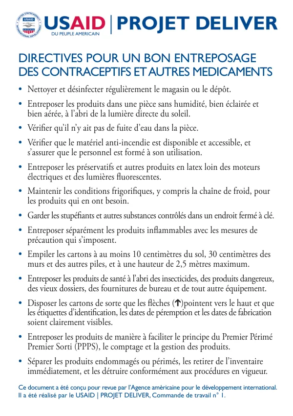 Directives pour un bon entreposage des contraceptifs et autres medicaments