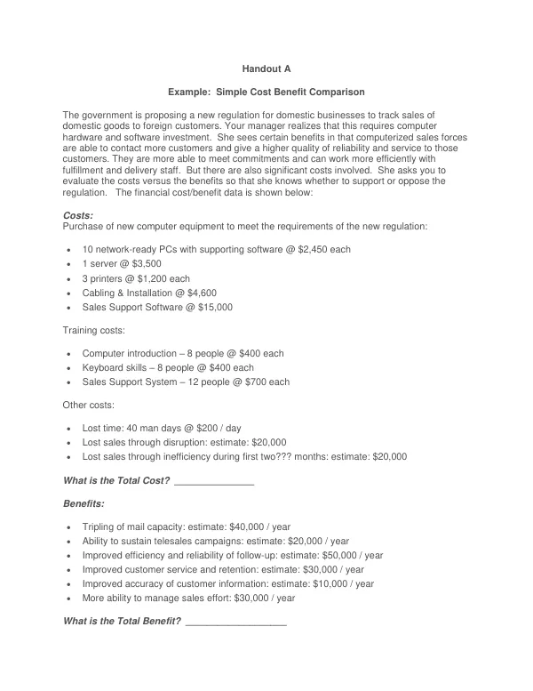 Example: Cost Benefit Comparison