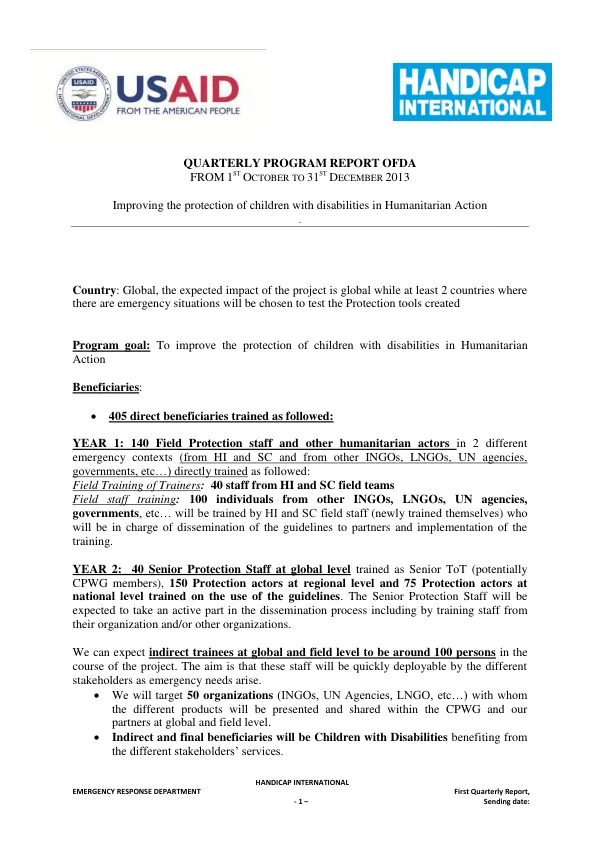 Quarterly Program Report of Handicap International: Improving the Protection of Children with Disabilities in Humanitarian Action