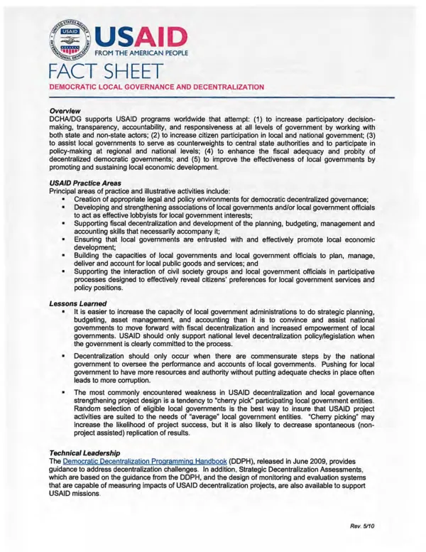 Democratic Local Governance and Decentralization Fact Sheet