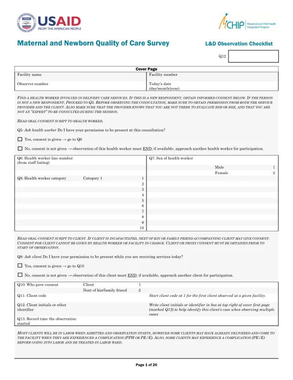 Maternal and Newborn Quality of Care Survey: L&D Observation Checklist