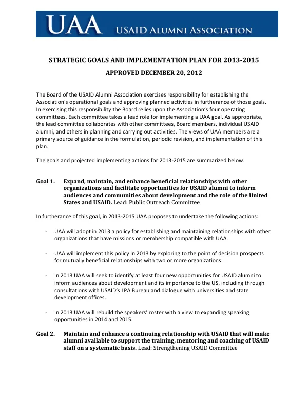 Strategic Goals and Implementation Plan for 2013-2015