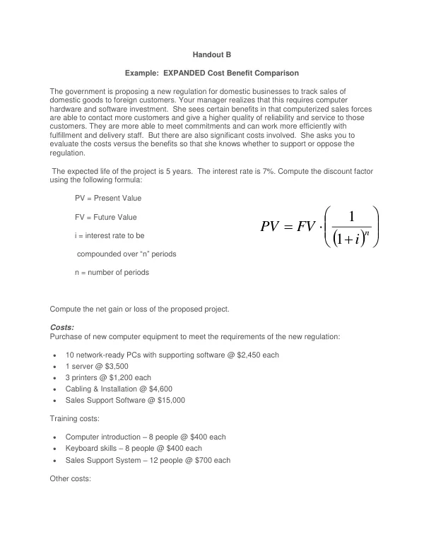 Cost Benefit Comparison of Proposed Regulation