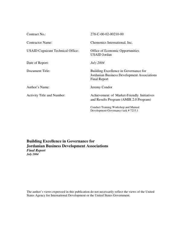 Building excellence in governance for Jordanian business development associations : final report