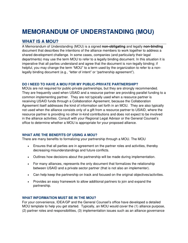Memorandum of Understanding (MOU) for Public-Private Partnerships