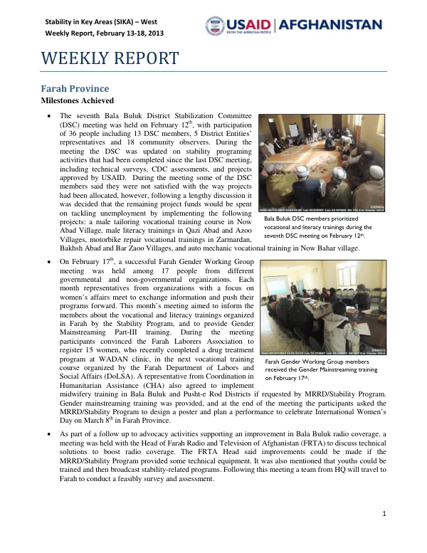 Stability in Key Areas (SIKA) – West Weekly Report, February 13-18, 2013