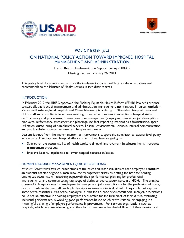 Policy Brief on National Policy Action Toward Improved Hospital Management and Administration