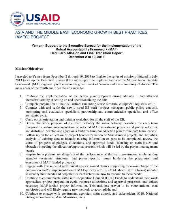 Yemen - Support to the Executive Bureau for the Implementation of the Mutual Accountability Framework (MAF) Hedi Larbi Mission and Final Transition Report