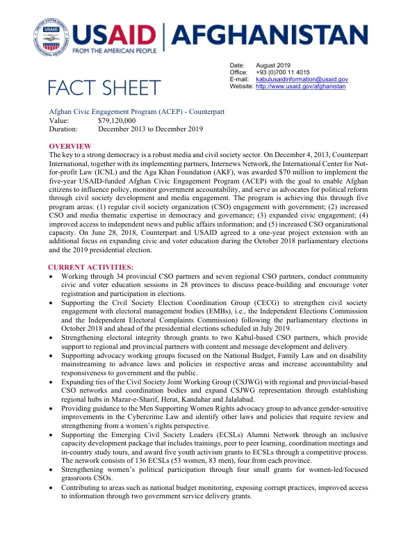 Afghan Civic Engagement Program (ACEP) - Counterpart Value: $79,120,000 Duration: December 2013 to December 2019