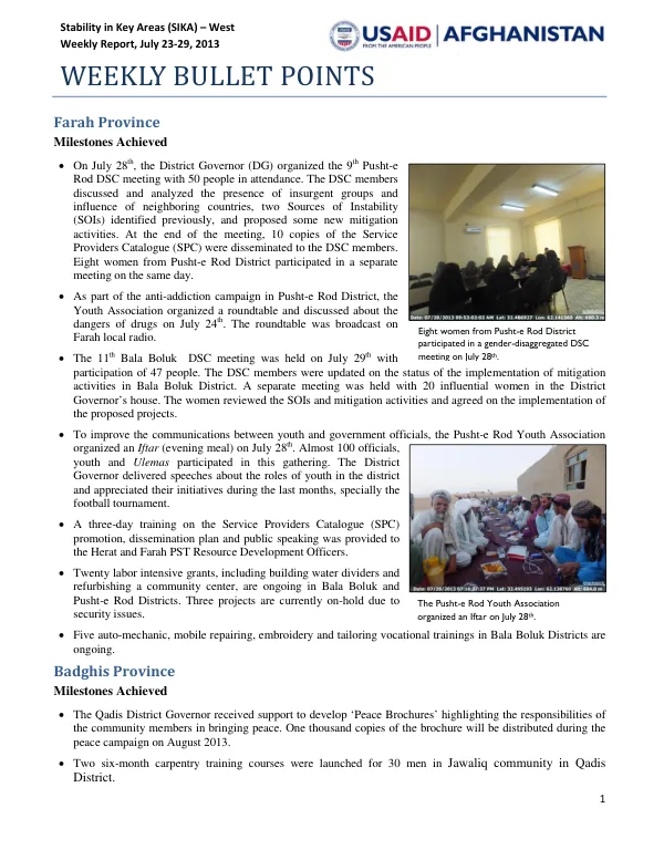 Stability in Key Areas (SIKA) – West Weekly Report, July 23-29, 2013