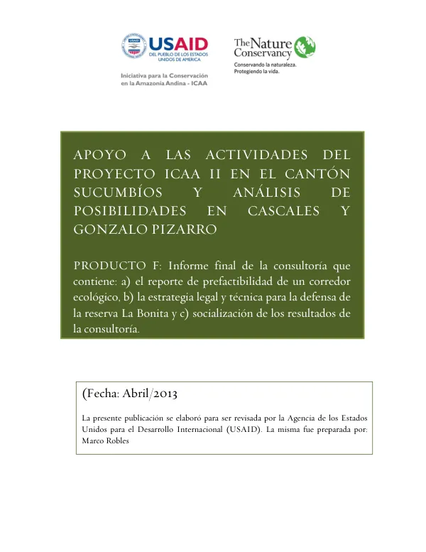 APOYO A LAS ACTIVIDADES DEL PROYECTO ICAA II EN EL CANTÓN SUCUMBÍOS Y ANÁLISIS DE POSIBILIDADES EN CASCALES Y GONZALO PIZARRO