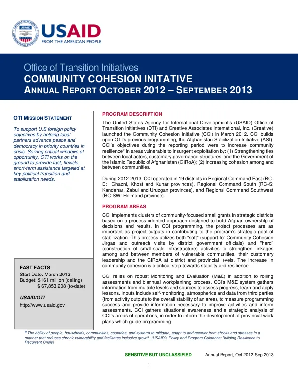 Annual Report: Community Cohesion Initiative, October 2012-September 2013