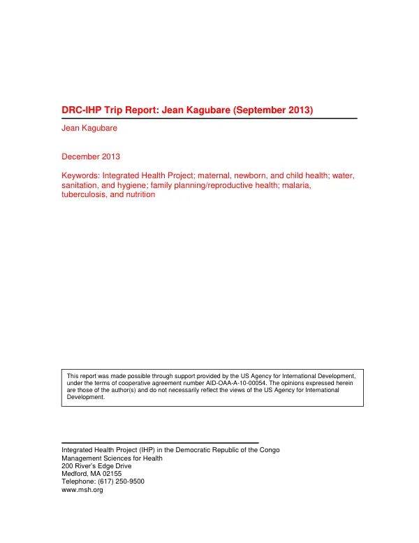 DRC-IHP Trip Report: Jean Kagubare (September 2013)