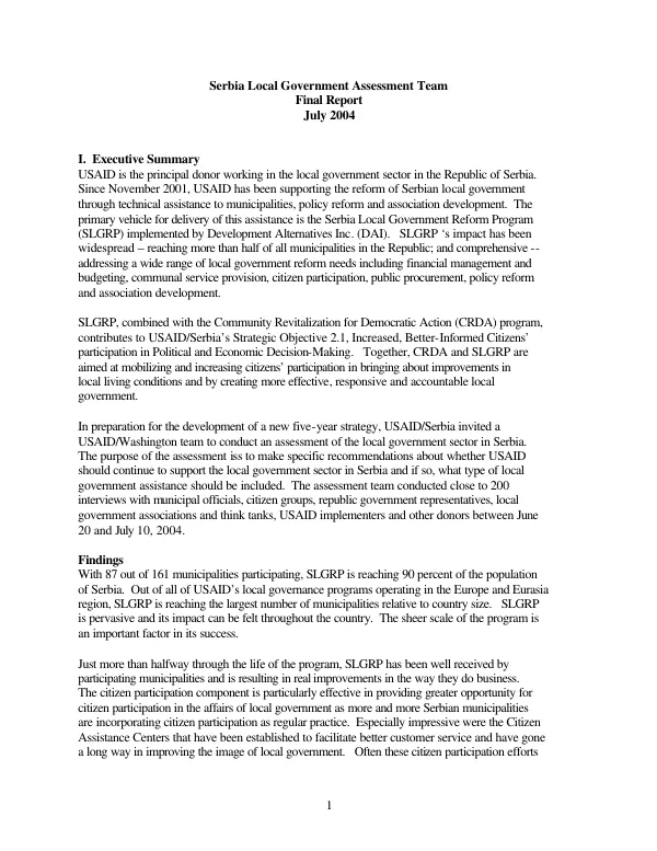 Serbia local government assessment team : final report