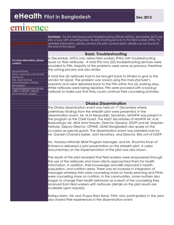 eHealth Pilot in Bangladesh