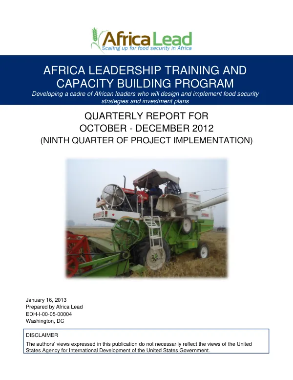 Africa Leadership Training and Capacity Building Program: Quarterly Report for October - December 2012 (Ninth Quarter of Project Implementation)