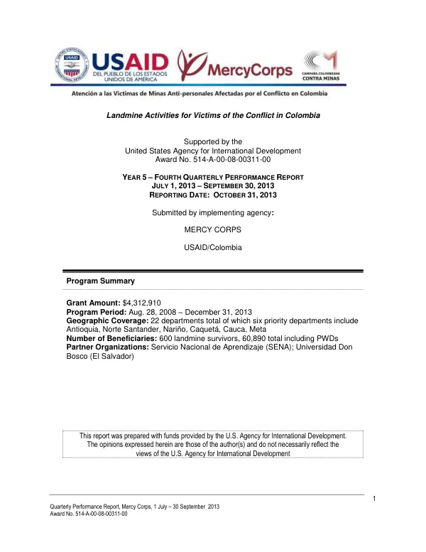 Quarterly Performance Report, Landmine Activities for Victims of the Conflict in Colombia