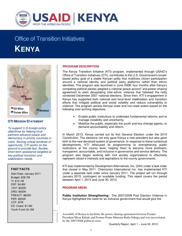 Quarterly Report, April 1 – June 30, 2013