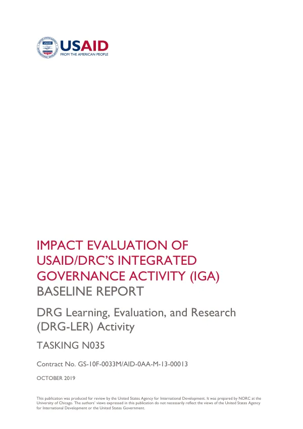 Impact evaluation of USAID/DRC’s integrated governance activity (IGA) baseline report : DRG learning, evaluation, and research (DRG-LER) activity