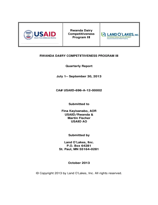 Rwanda Dairy Competitiveness Program II Quarterly Report July 1– September 30, 2013
