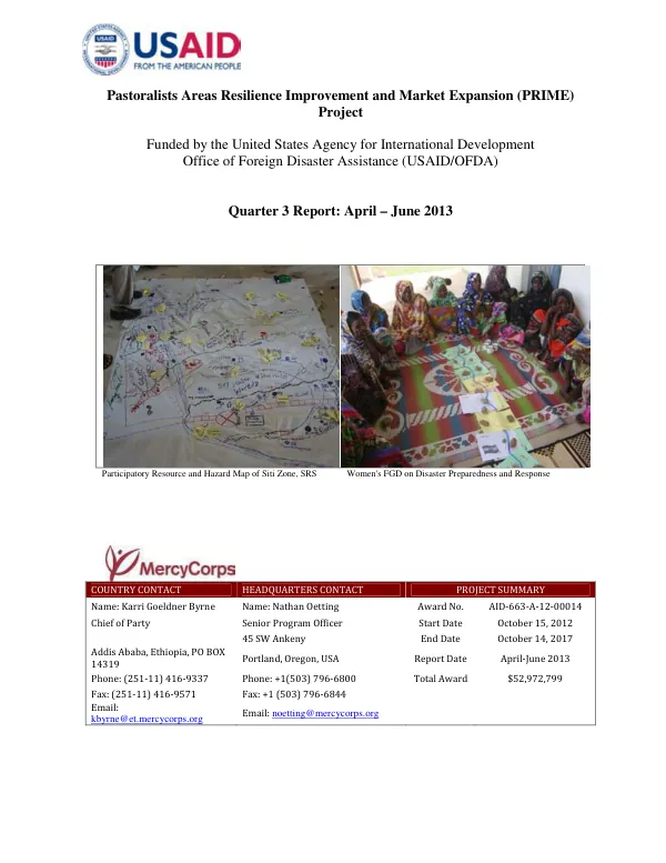 Pastoralists Areas Resilience Improvement and Market Expansion (PRIME) Project: Third Quarter Report (April-June 2013)