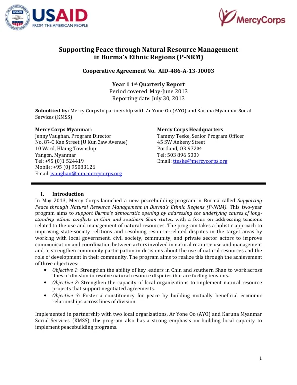 Supporting Peace through Natural Resource Management in Burma’s Ethnic Regions (P-NRM) Year 1 1st Quarterly Report