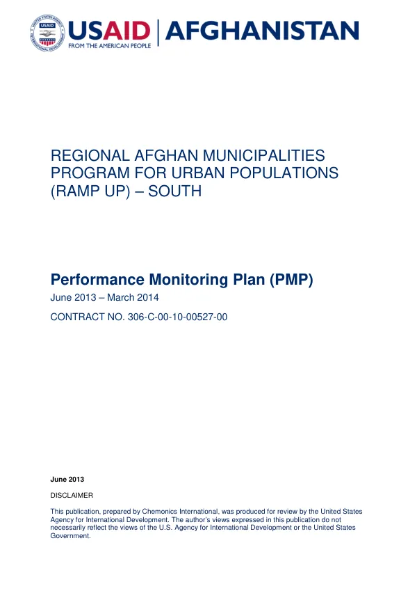 Regional Afghan Municipalities Program for Urban Populations (RAMP UP) – South Performance Monitoring Plan