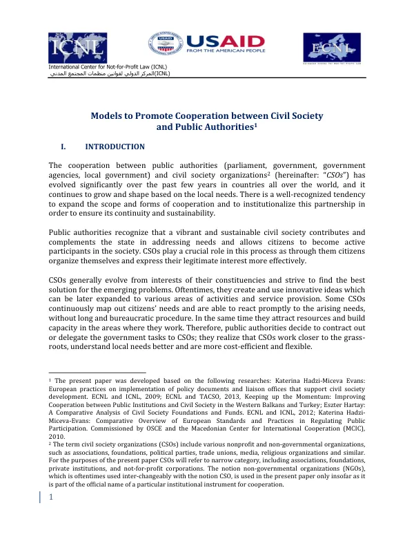 Models to Promote Cooperation between Civil Society and Public Authorities