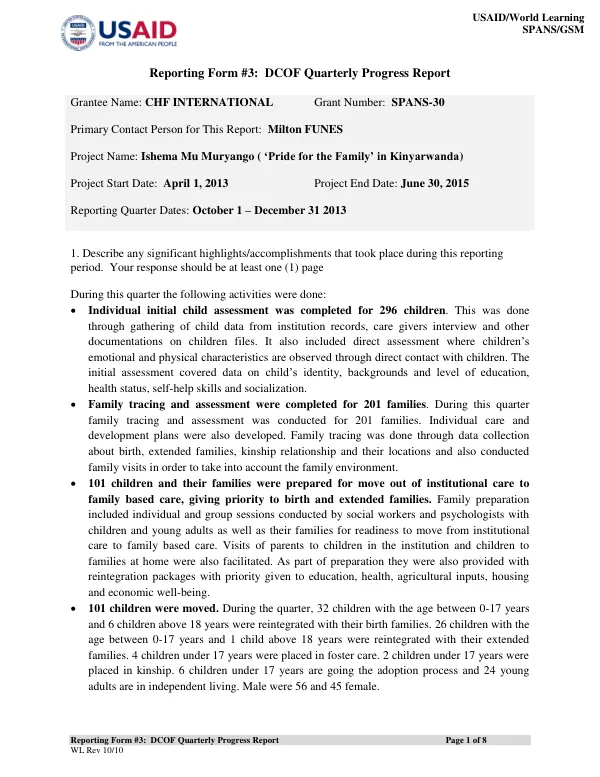 DCOF Quarterly Progress Report for Ishema Mu Muryango (‘Pride for the Family’) Project