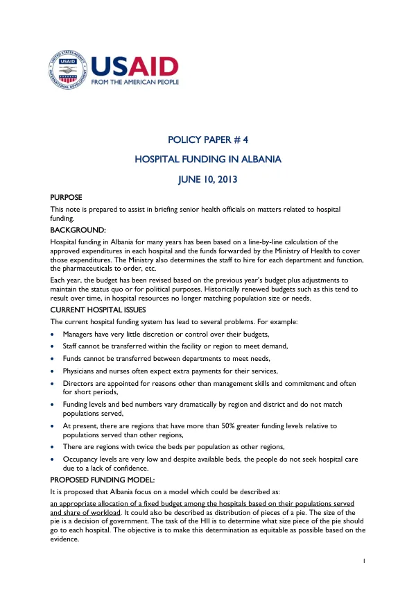 Briefing Note on Hospital Funding in Albania