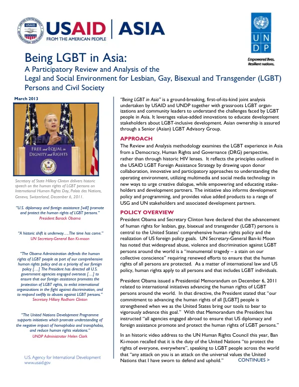 Being LGBT in Asia: A Participatory Review and Analysis of the Legal and Social Environment for Lesbian, Gay, Bisexual and Transgender (LGBT) Persons and Civil Society
