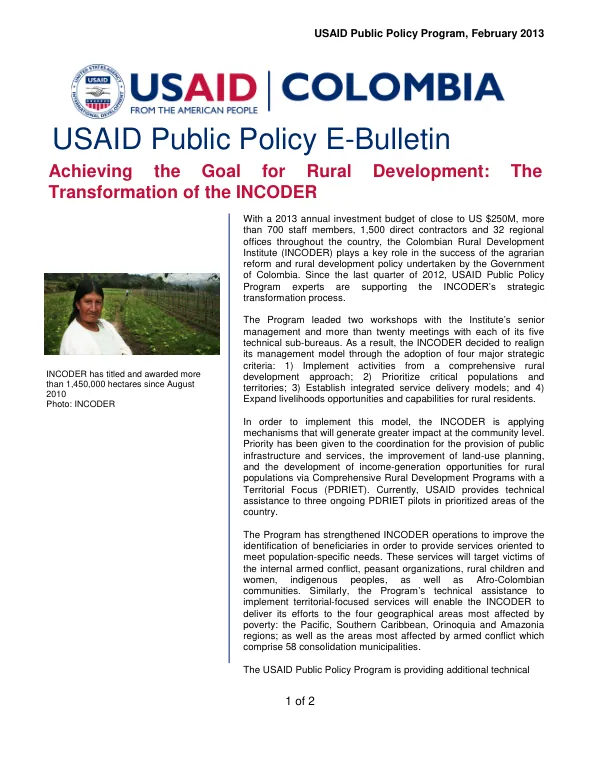 USAID Public Policy Program, Achieving the Goal for Rural Development: The Transformation of the INCODER