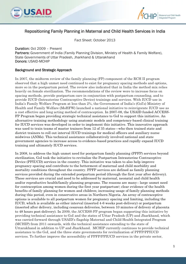 Repositioning Family Planning in Maternal and Child Health Services in India