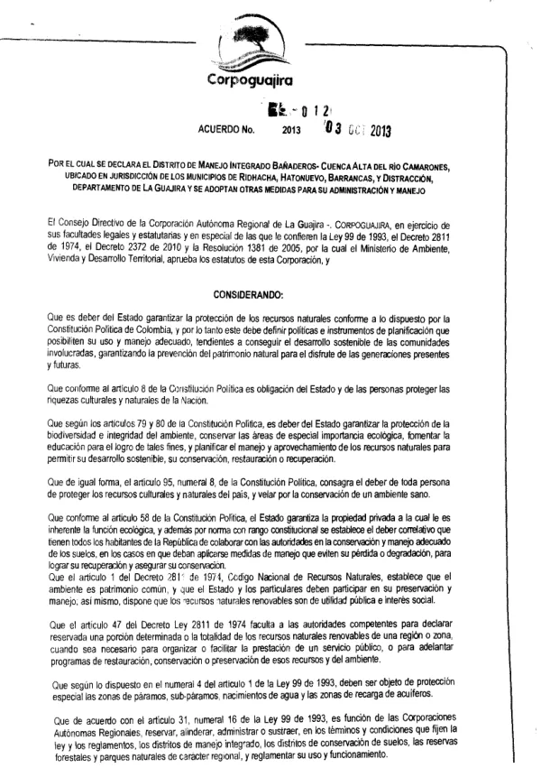 Acuerdo No. 2013 Por El Cual Se Declara El Distrito De Manejo Integrado Bañaderos· Cuenca Alta Del Río Camarones