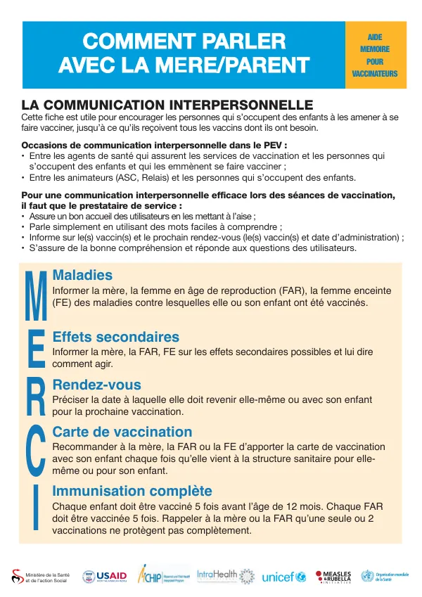 AIDE MEMOIRE POUR VACCINATEURS COMMENT PARLER AVEC LA MERE/PARENT
