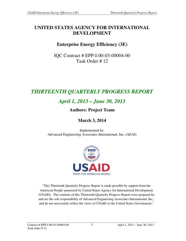 Thirteenth Quarterly Progress Report: Enterprise Energy Efficiency (3E)