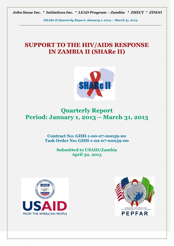 SHARe II Quarterly Report: January 1, 2013 – March 31, 2013