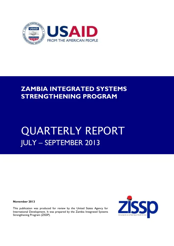 Zambia Integrated Systems Strengthening Program Quarterly Report for July– September 2013