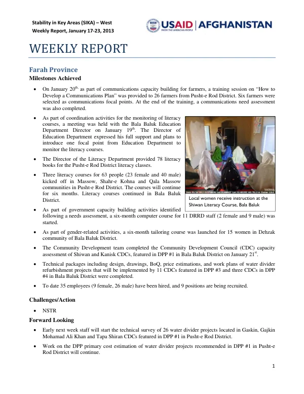 Stability in Key Areas (SIKA) – West Weekly Report, January 17-23, 2013