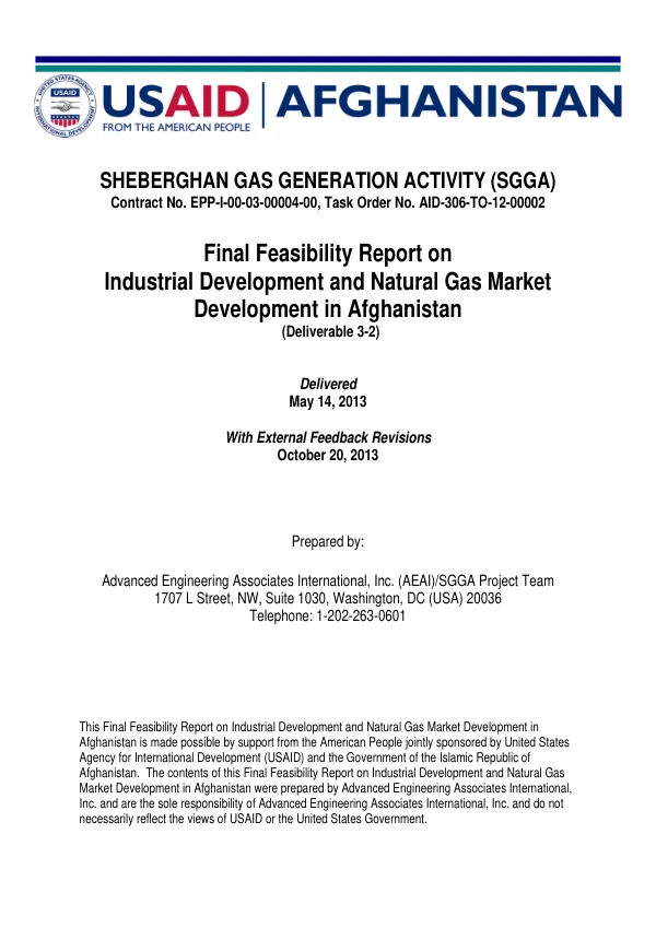 Final Feasibility Report on Industrial Development and Natural Gas Market Development in Afghanistan