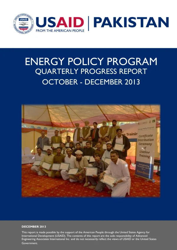 Energy Policy Program Quarterly Progress Report Oct - Dec 2013