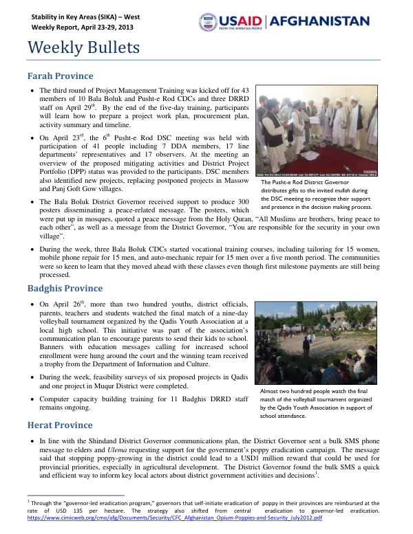 Stability in Key Areas (SIKA) – West Weekly Report, April 23-29, 2013