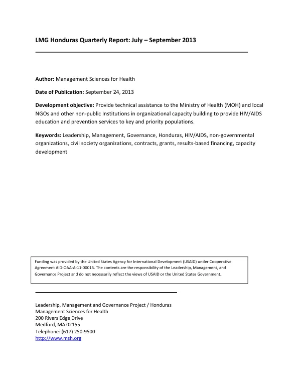 LMG Honduras Quarterly Report: July – September 2013